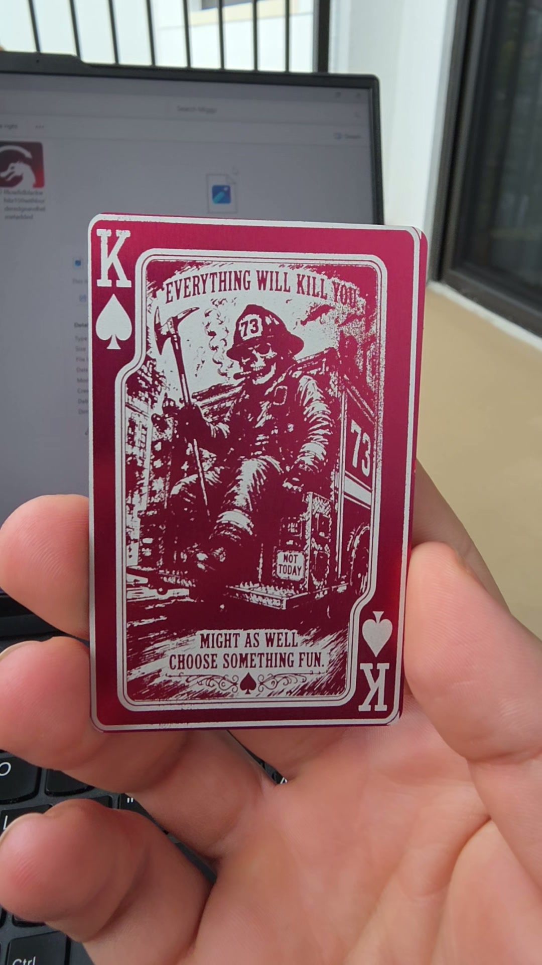 Engraved metal King of Spades — Everything Will Kill You